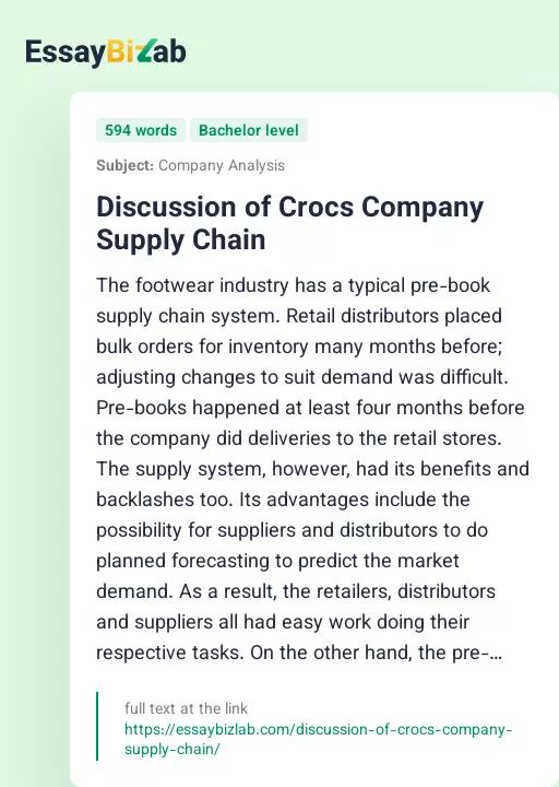 Discussion of Crocs Company Supply Chain - Essay Preview