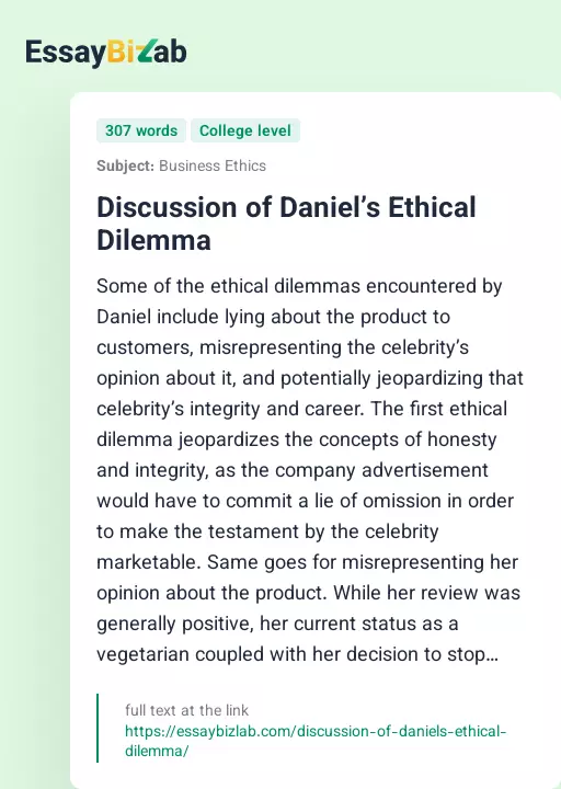 Discussion of Daniel’s Ethical Dilemma - Essay Preview