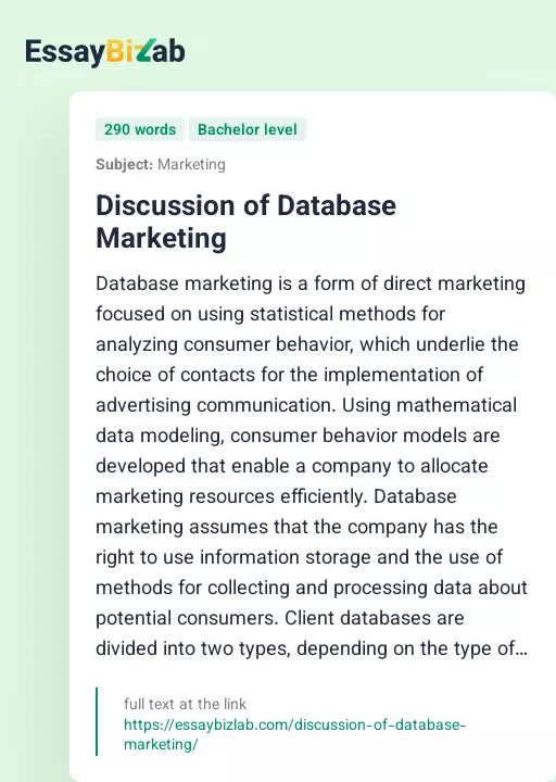 Discussion of Database Marketing - Essay Preview