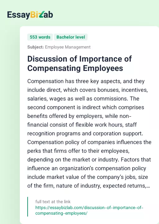 Discussion of Importance of Compensating Employees - Essay Preview