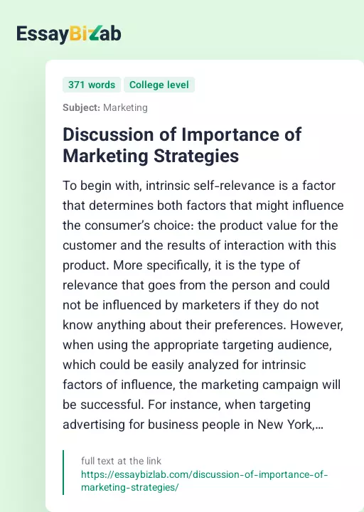 Discussion of Importance of Marketing Strategies - Essay Preview