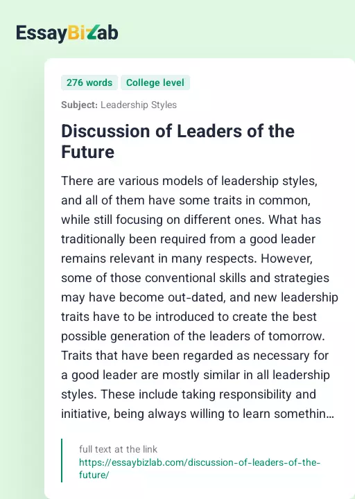 Discussion of Leaders of the Future - Essay Preview