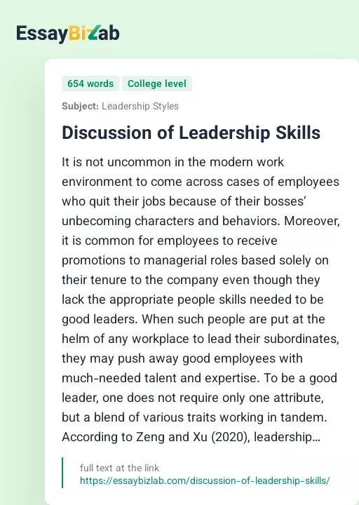 Discussion of Leadership Skills - Essay Preview