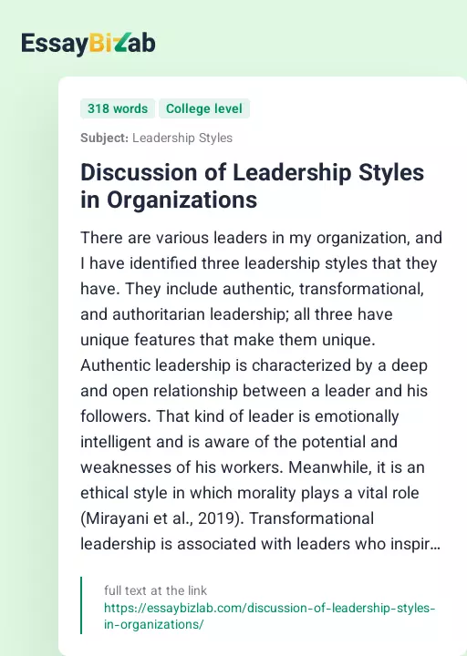 Discussion of Leadership Styles in Organizations - Essay Preview