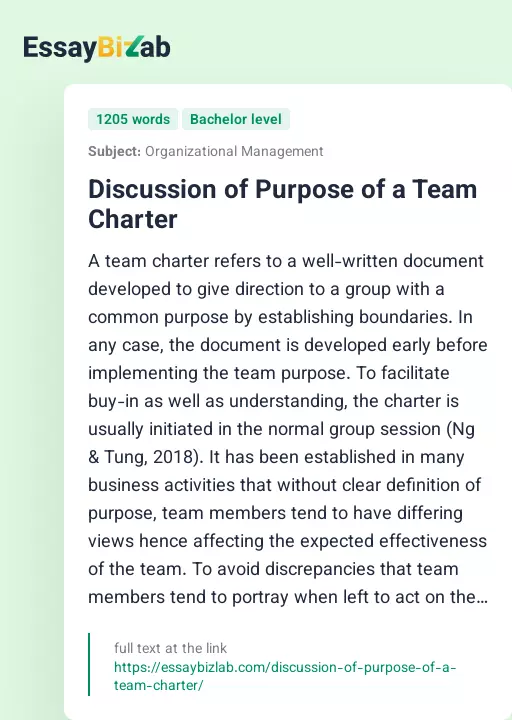 Discussion of Purpose of a Team Charter - Essay Preview
