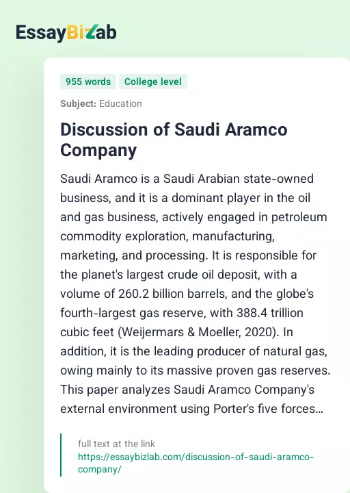 Discussion of Saudi Aramco Company - Essay Preview