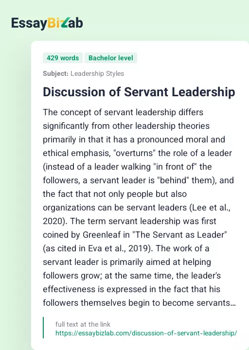 Discussion of Servant Leadership - Essay Preview