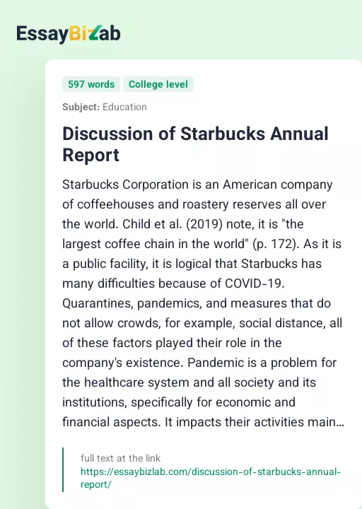 Discussion of Starbucks Annual Report - Essay Preview