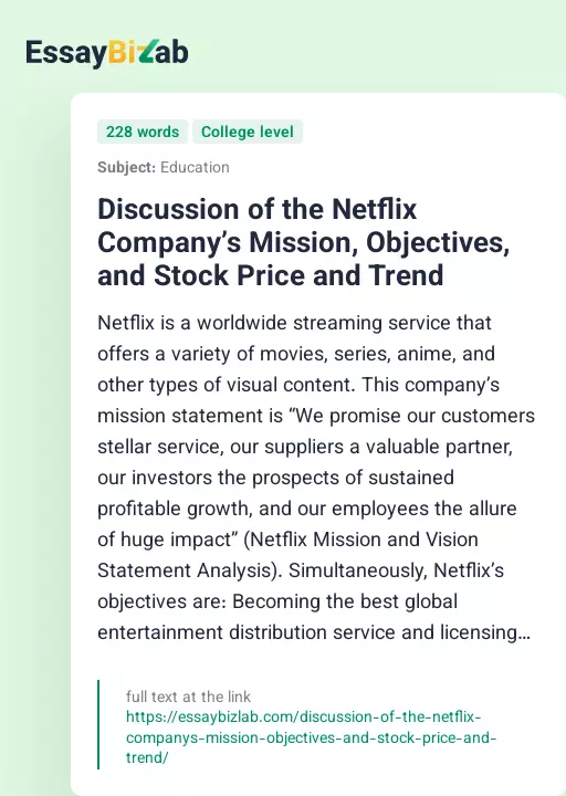 Discussion of the Netflix Company’s Mission, Objectives, and Stock Price and Trend - Essay Preview