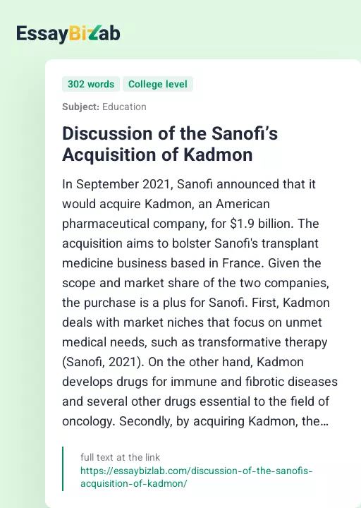Discussion of the Sanofi’s Acquisition of Kadmon - Essay Preview