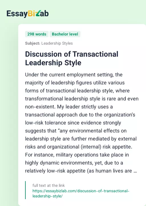 Discussion of Transactional Leadership Style - Essay Preview