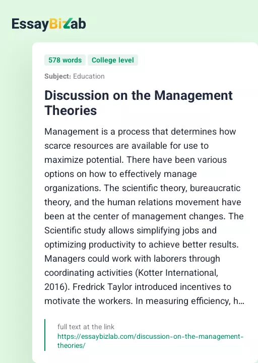 Discussion on the Management Theories - Essay Preview