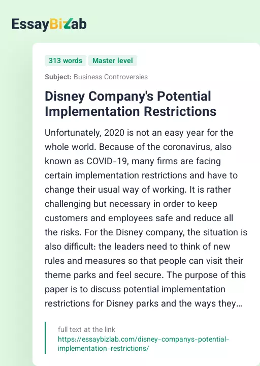 Disney Company's Potential Implementation Restrictions - Essay Preview