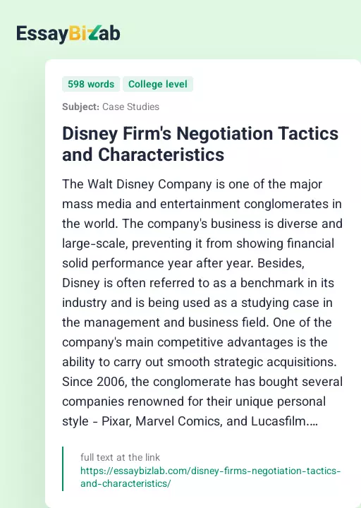 Disney Firm's Negotiation Tactics and Characteristics - Essay Preview