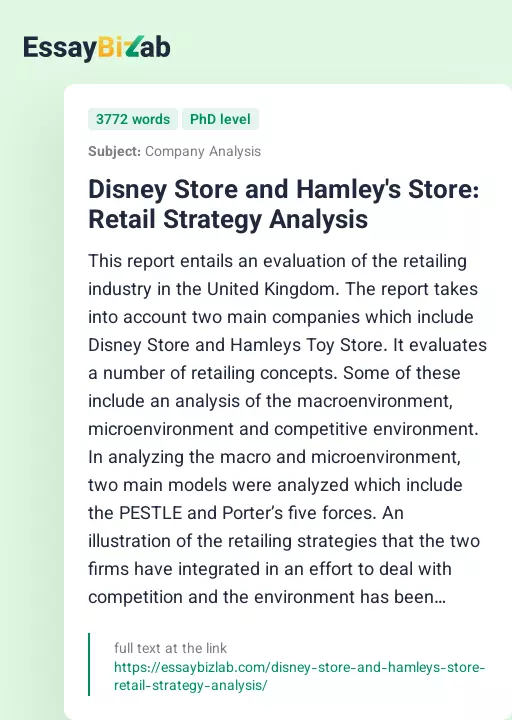 Disney Store and Hamley's Store: Retail Strategy Analysis - Essay Preview