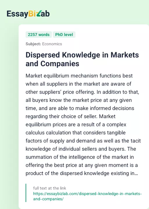 Dispersed Knowledge in Markets and Companies - Essay Preview