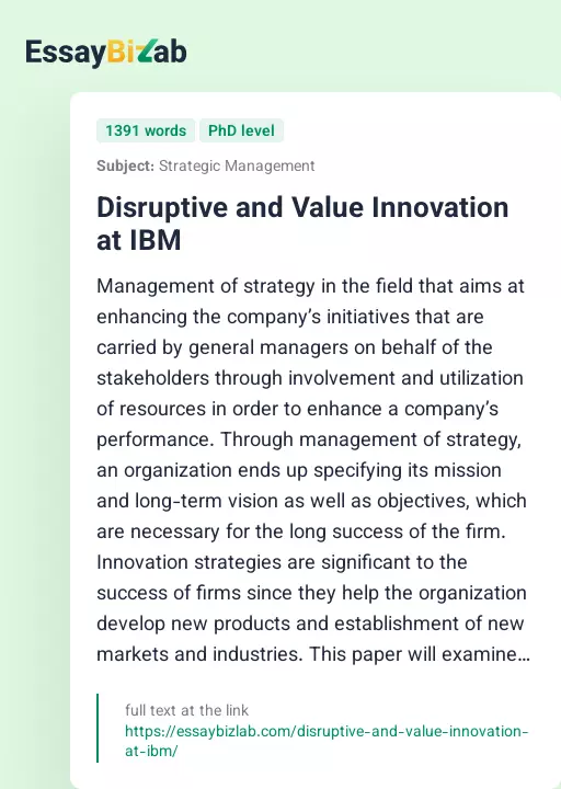 Disruptive and Value Innovation at IBM - Essay Preview
