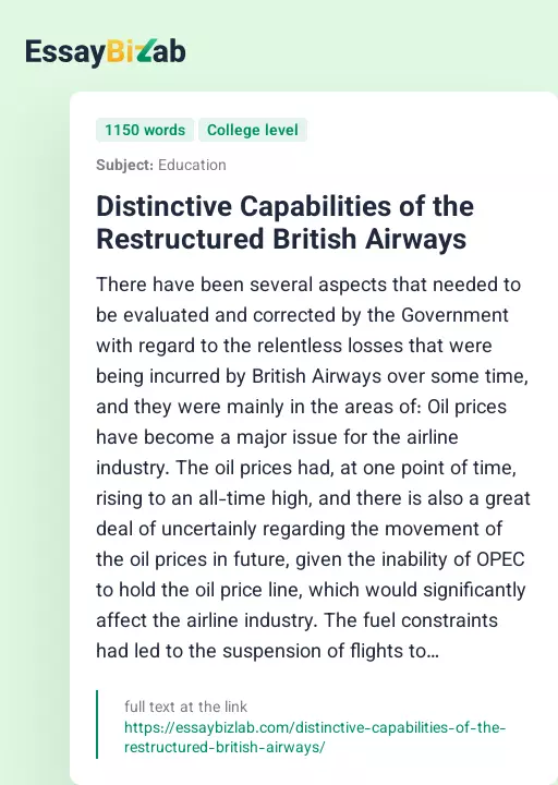 Distinctive Capabilities of the Restructured British Airways - Essay Preview