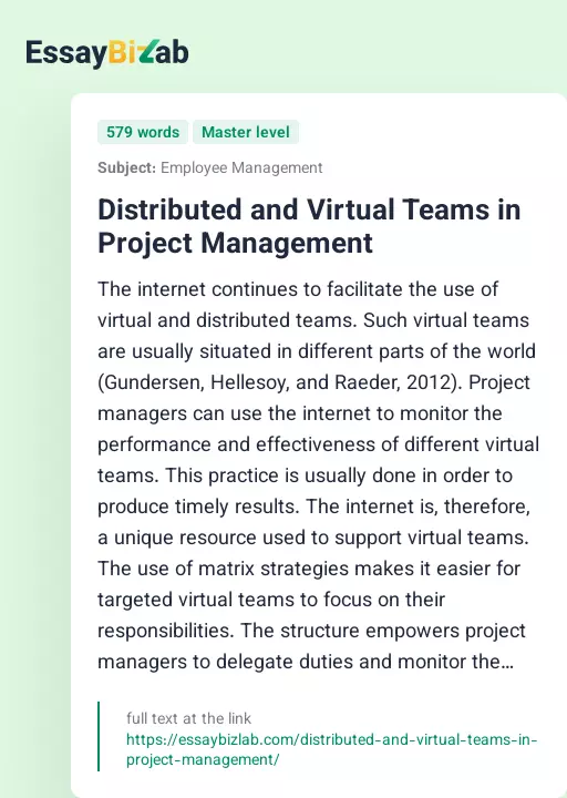 Distributed and Virtual Teams in Project Management - Essay Preview