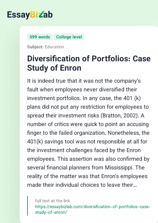 Diversification of Portfolios: Case Study of Enron - Essay Preview
