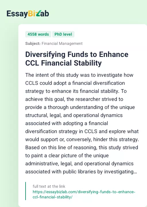 Diversifying Funds to Enhance CCL Financial Stability - Essay Preview