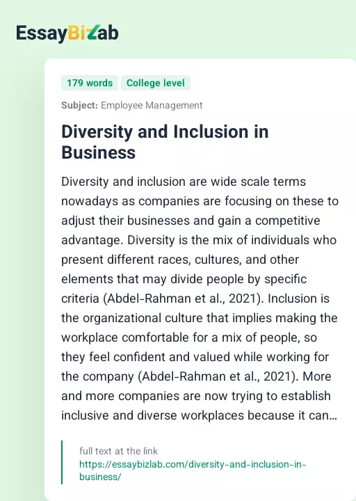 Diversity and Inclusion in Business - Essay Preview