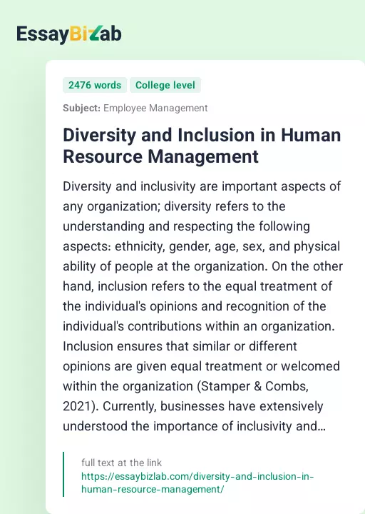 Diversity and Inclusion in Human Resource Management - Essay Preview
