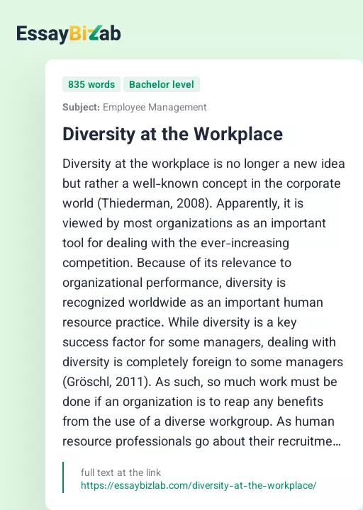 Diversity at the Workplace - Essay Preview