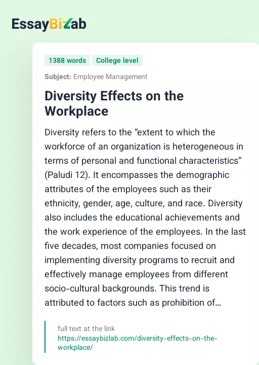 Diversity Effects on the Workplace - Essay Preview