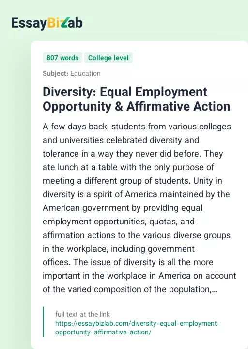 Diversity: Equal Employment Opportunity & Affirmative Action - Essay Preview