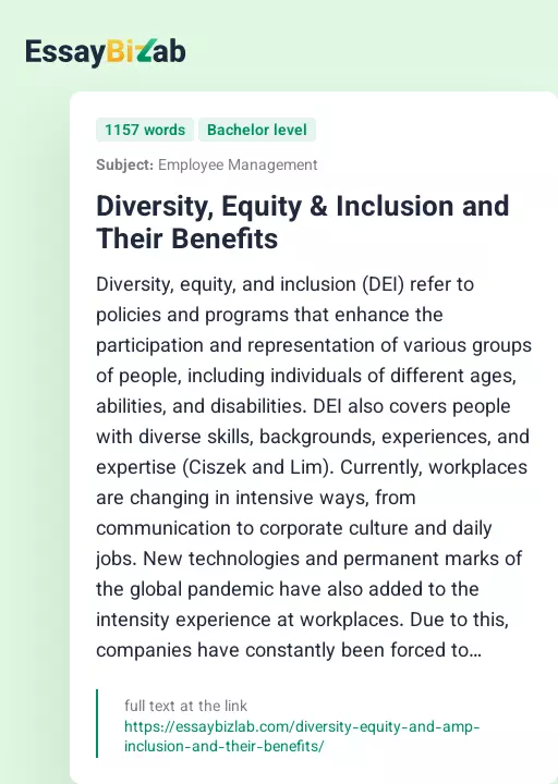 Diversity, Equity & Inclusion and Their Benefits - Essay Preview