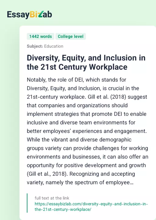 Diversity, Equity, and Inclusion in the 21st Century Workplace - Essay Preview