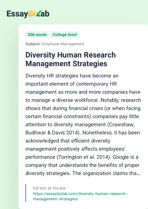 Diversity Human Research Management Strategies - Essay Preview