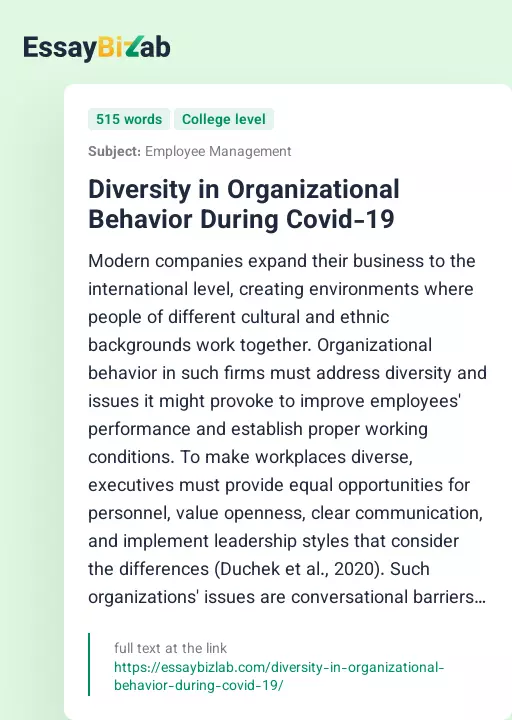 Diversity in Organizational Behavior During Covid-19 - Essay Preview