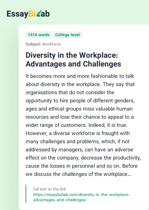 Diversity in the Workplace: Advantages and Challenges - Essay Preview