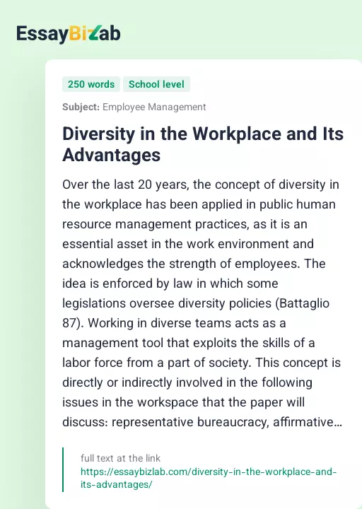 Diversity in the Workplace and Its Advantages - Essay Preview