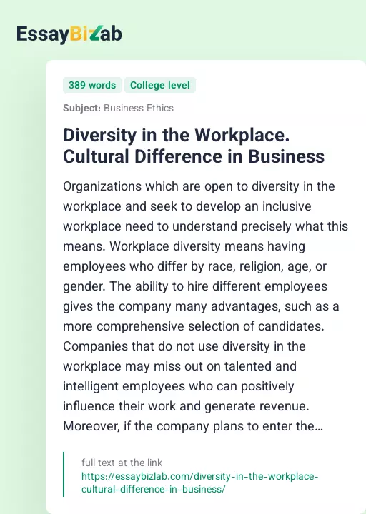 Diversity in the Workplace. Cultural Difference in Business - Essay Preview