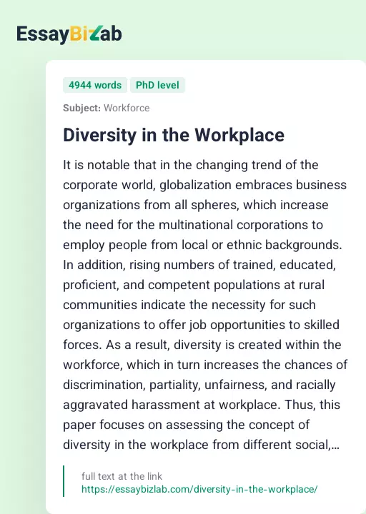 Diversity in the Workplace - Essay Preview