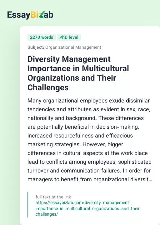 Diversity Management Importance in Multicultural Organizations and Their Challenges - Essay Preview