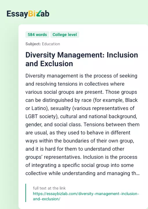 Diversity Management: Inclusion and Exclusion - Essay Preview