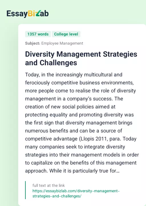 Diversity Management Strategies and Challenges - Essay Preview
