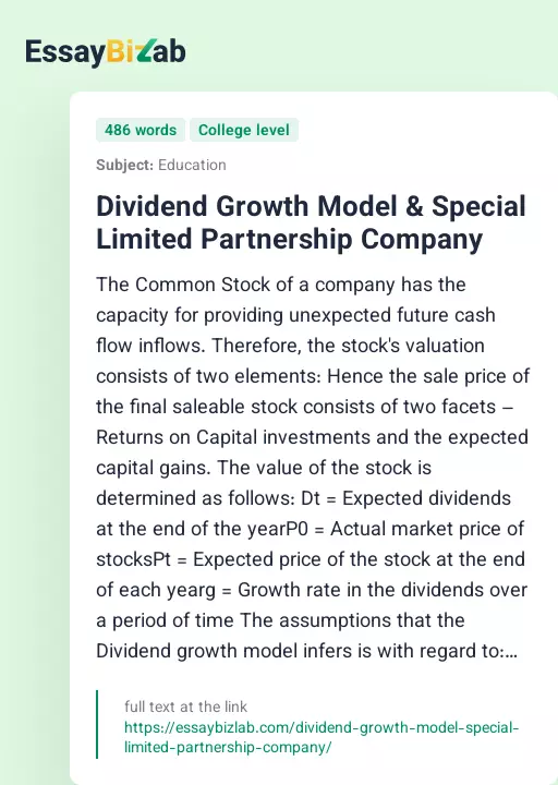 Dividend Growth Model & Special Limited Partnership Company - Essay Preview