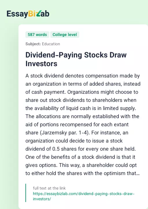 Dividend-Paying Stocks Draw Investors - Essay Preview