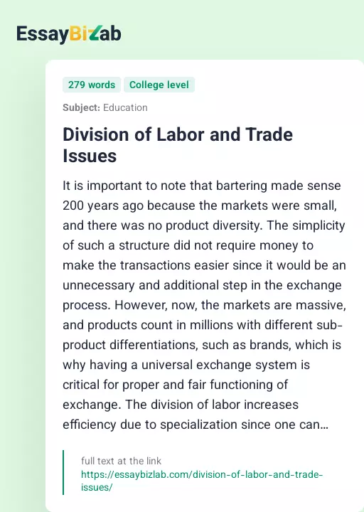 Division of Labor and Trade Issues - Essay Preview