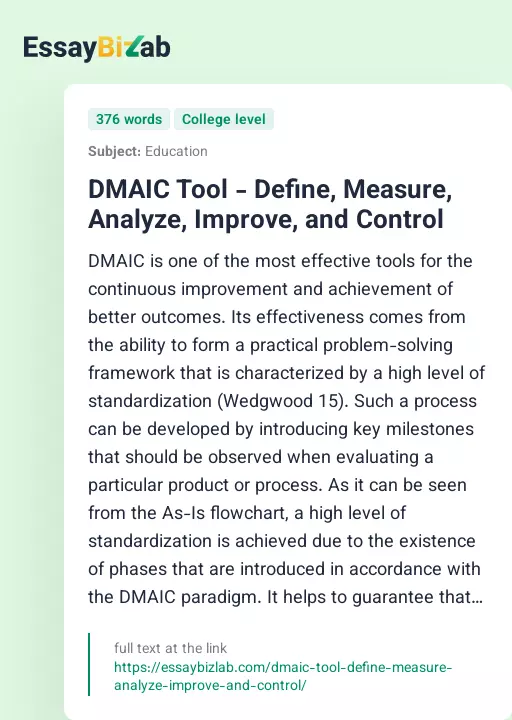 DMAIC Tool - Define, Measure, Analyze, Improve, and Control - Essay Preview