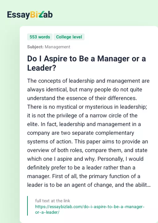 Do I Aspire to Be a Manager or a Leader? - Essay Preview