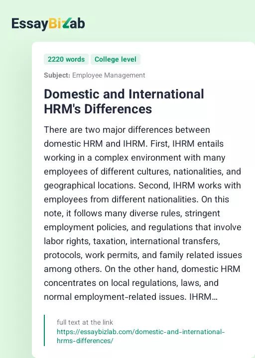 Domestic and International HRM's Differences - Essay Preview