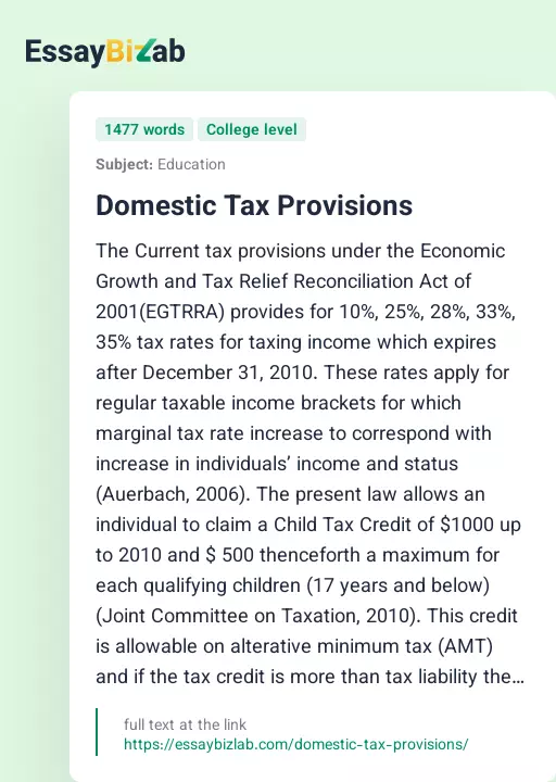 Domestic Tax Provisions - Essay Preview