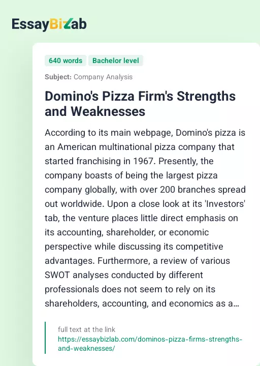 Domino's Pizza Firm's Strengths and Weaknesses - Essay Preview
