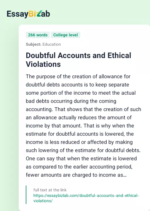 Doubtful Accounts and Ethical Violations - Essay Preview